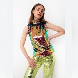 Amy Lynn Arial Top disco sleeveless turtleneck high neck sequins size M
